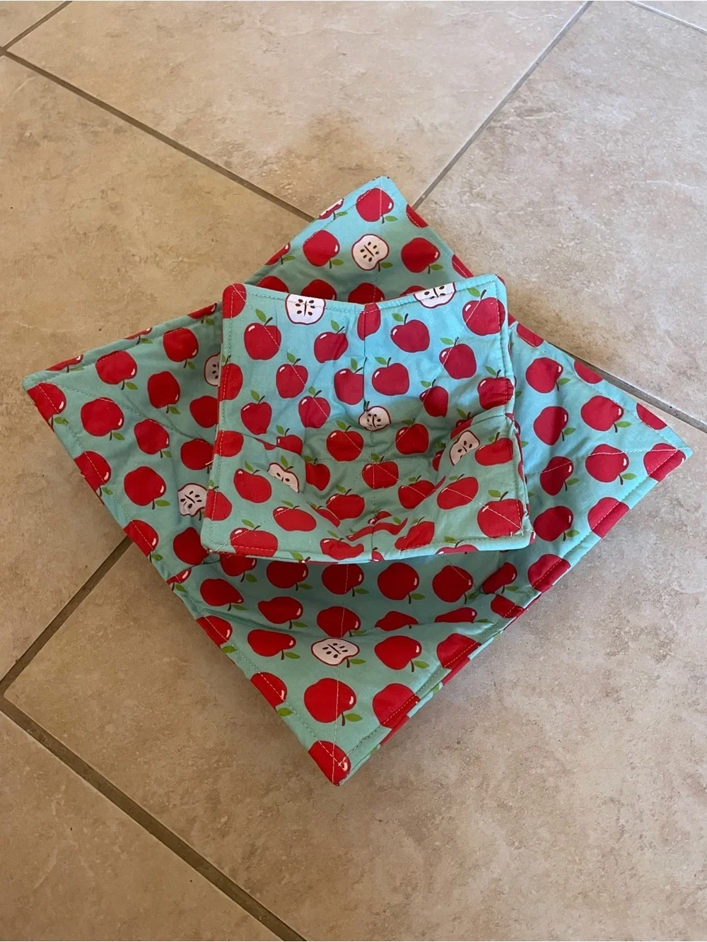 Handmade Apple Print Bowl Cozies & Potato Bag Kitchen Set Cottagecore Farmhouse